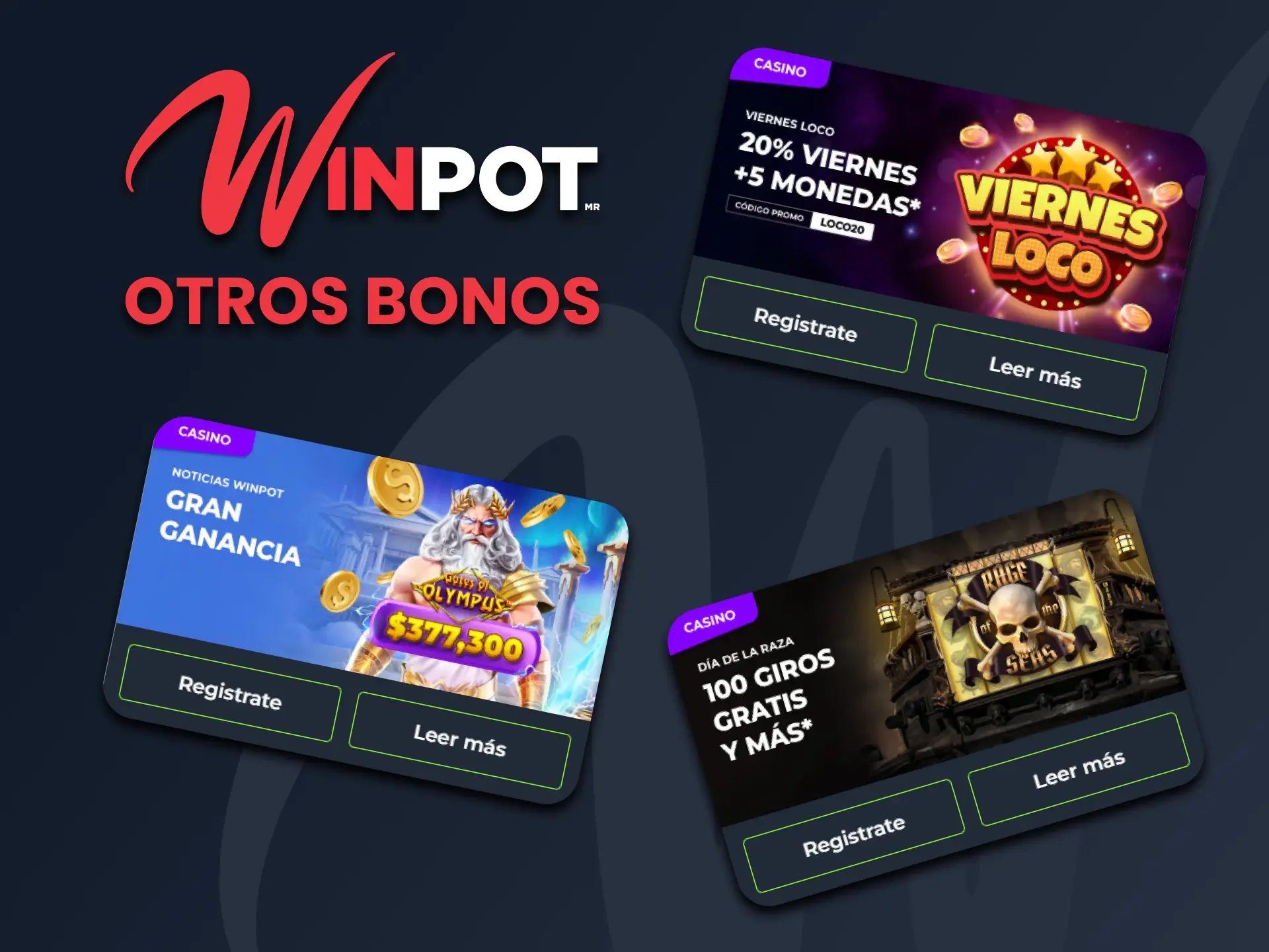 Consulta la lista de promociones y bonos disponibles para apostar y jugar en Winpot Casino.