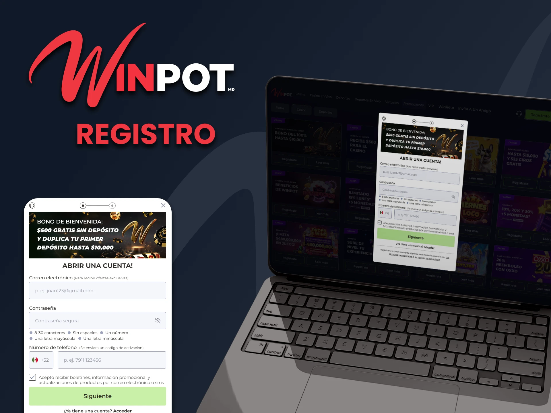 Antes de sumergirse en el mundo de los juegos de azar y apuestas de Winpot, necesita un simple registro de cuenta.