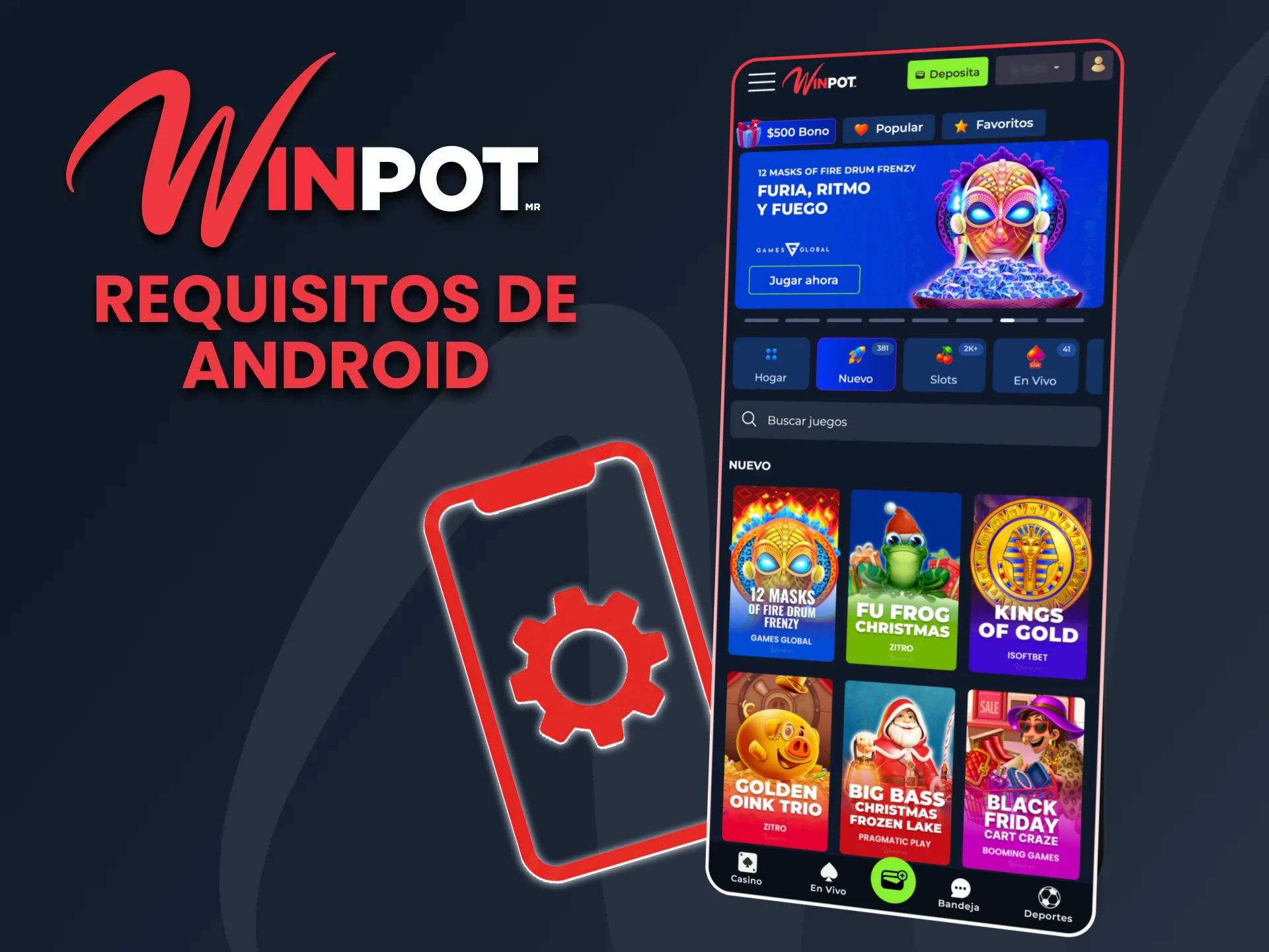 Consulta los requisitos del sistema de la aplicación Winpot para dispositivos Android.