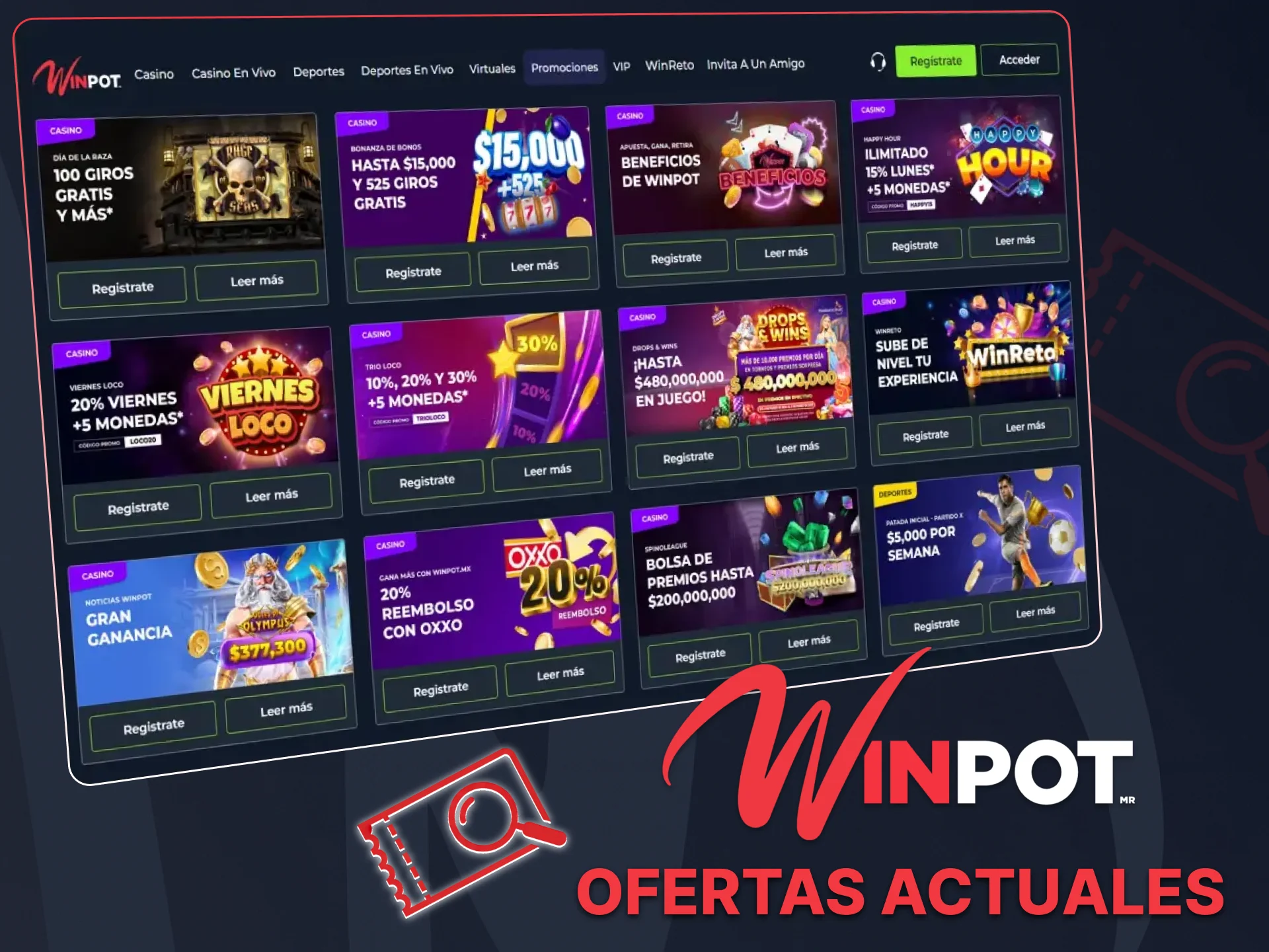 Abra la pestaña de bonificaciones del sitio web de Winpot y elija la que más le convenga.