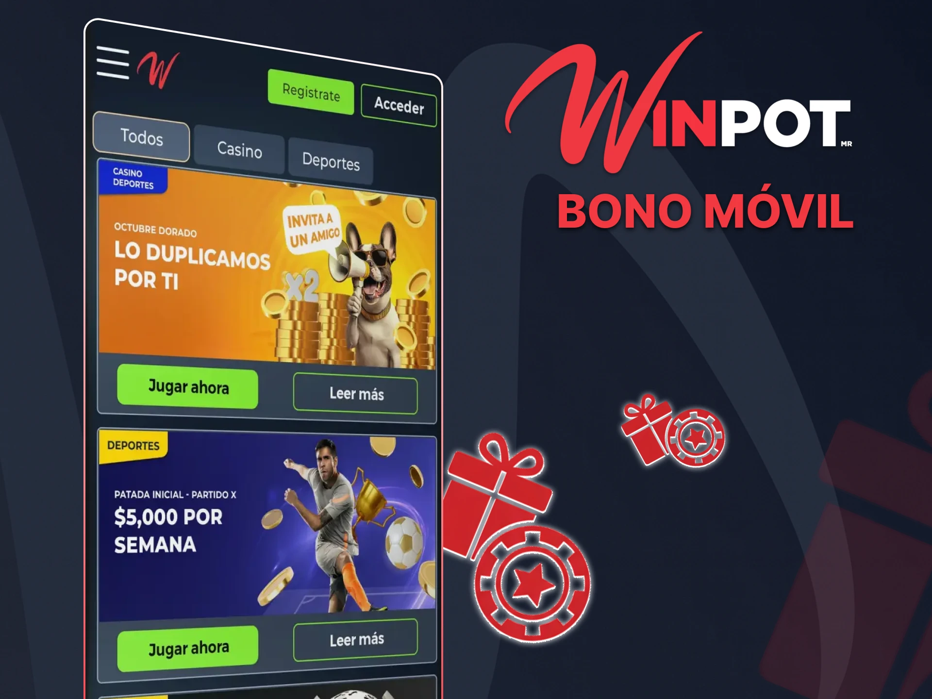 La aplicación Winpot contiene absolutamente todos los bonos que están disponibles en el sitio web oficial.