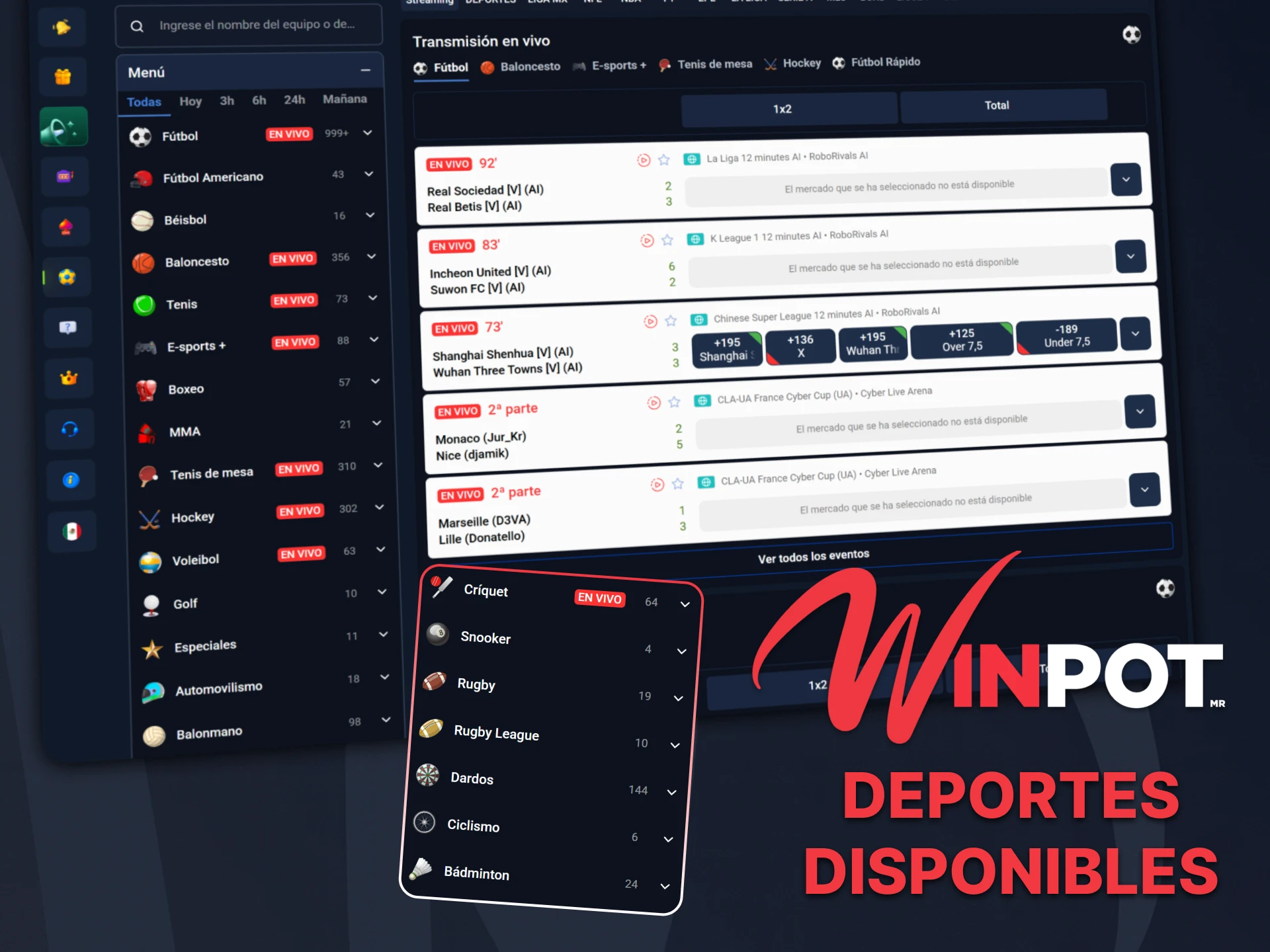 Elige tu deporte favorito para apostar en Winpot.