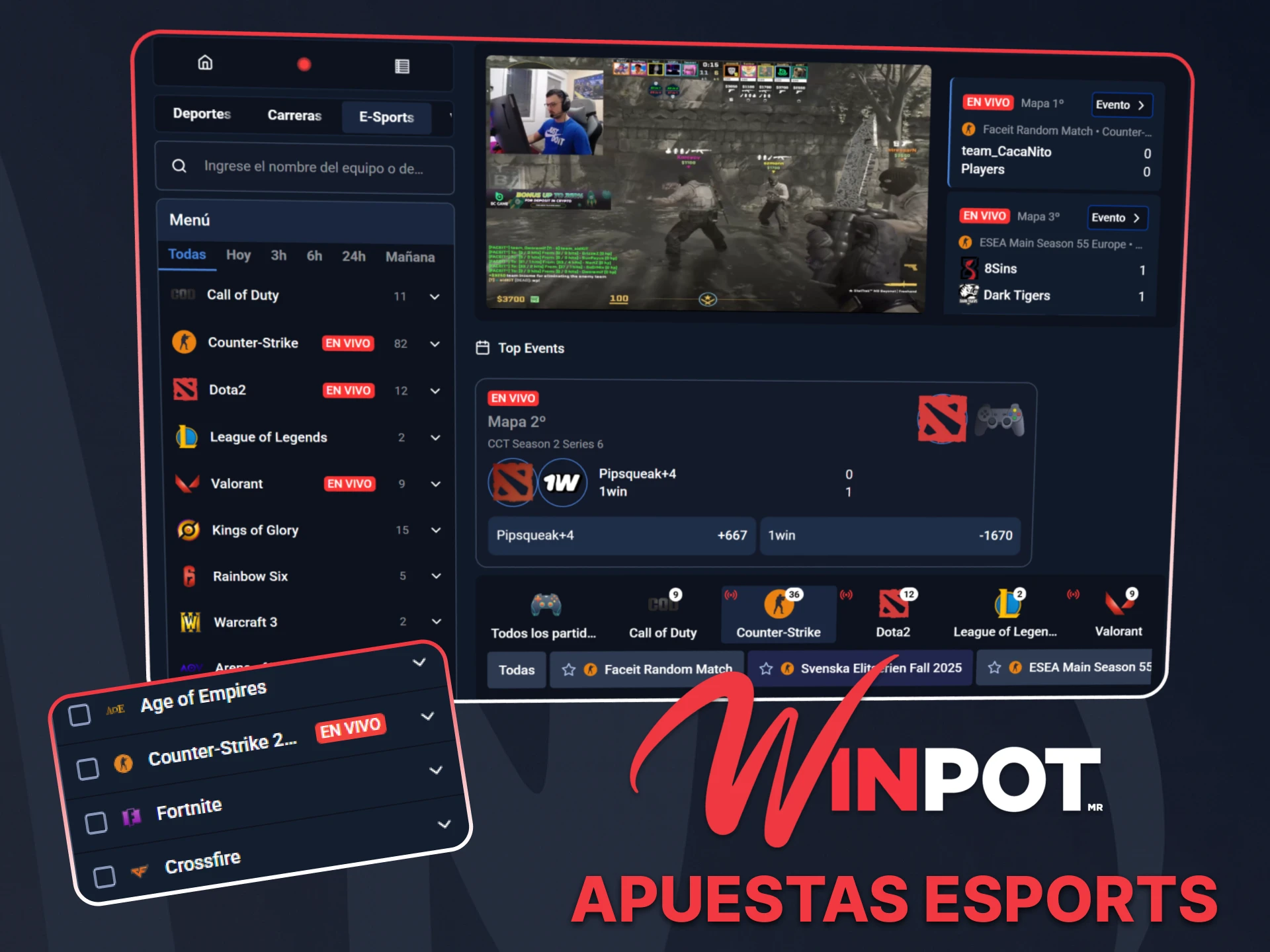 Apuesta en eSports con mercados globales y acción continua en Winpot México.