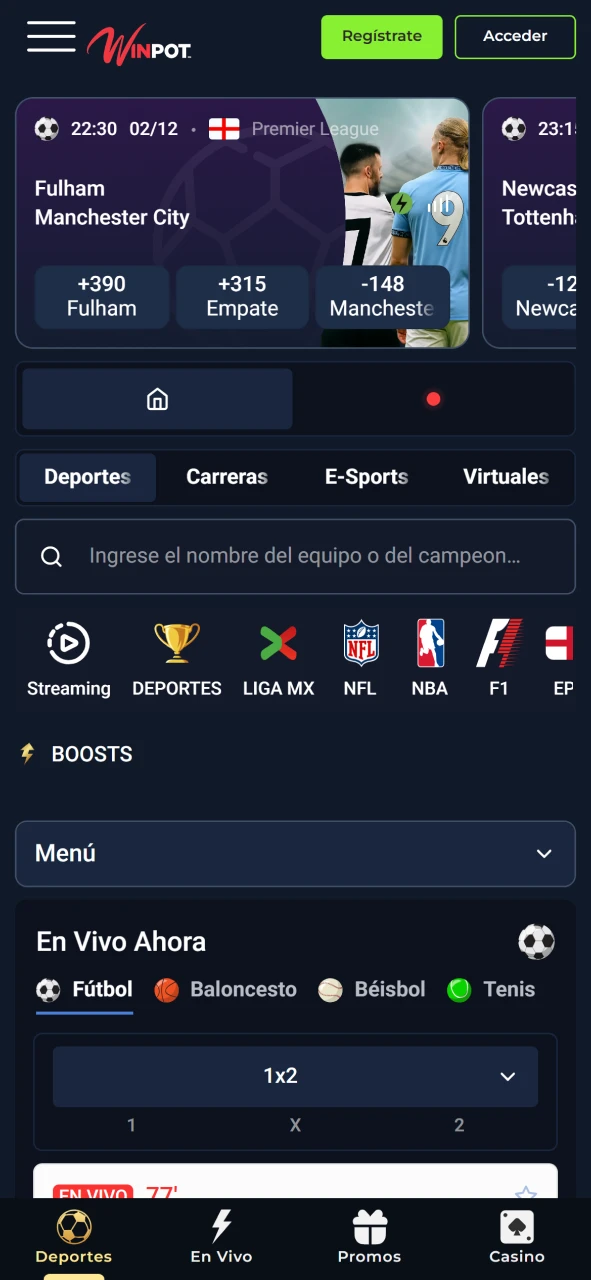 Apuesta en deportes en Winpot México con cuotas claras y confiables.