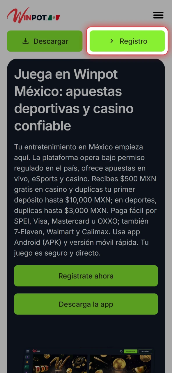 Inicia tu registro en el sitio oficial de Winpot México desde el botón de acceso.