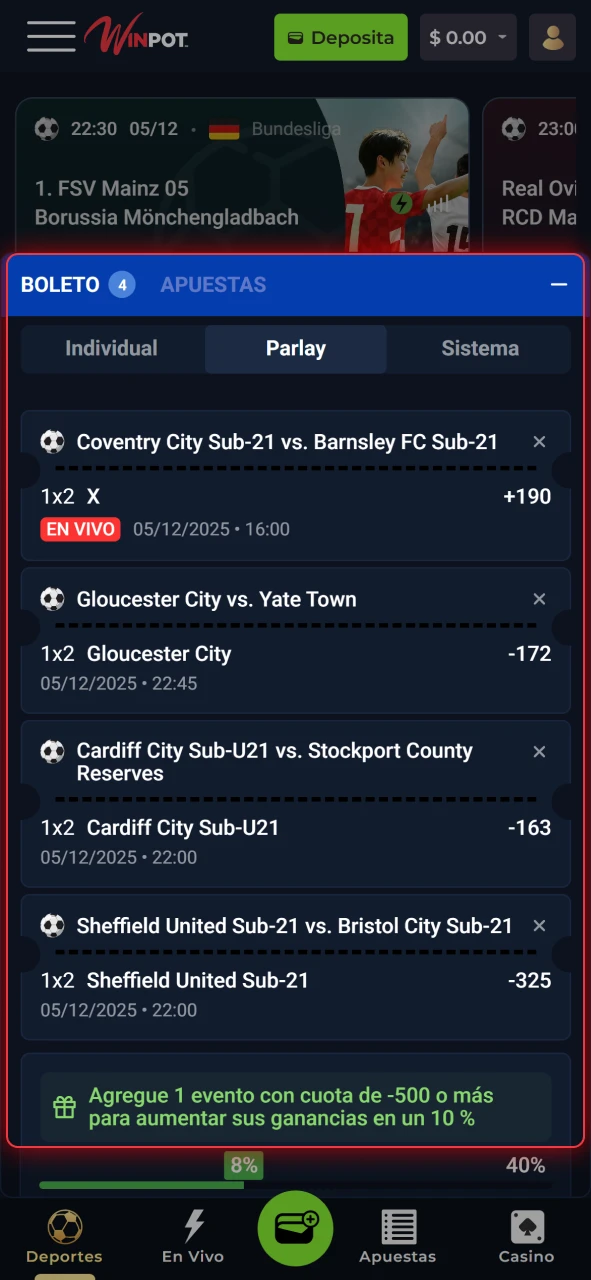 Ingresa tu monto en Winpot y confirma tu boleto de apuesta en el sitio oficial.