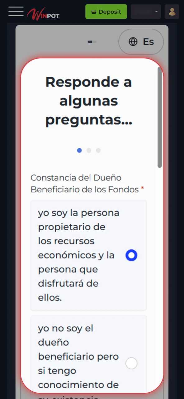 Envía la constancia del dueño beneficiario para completar verificación en Winpot México.