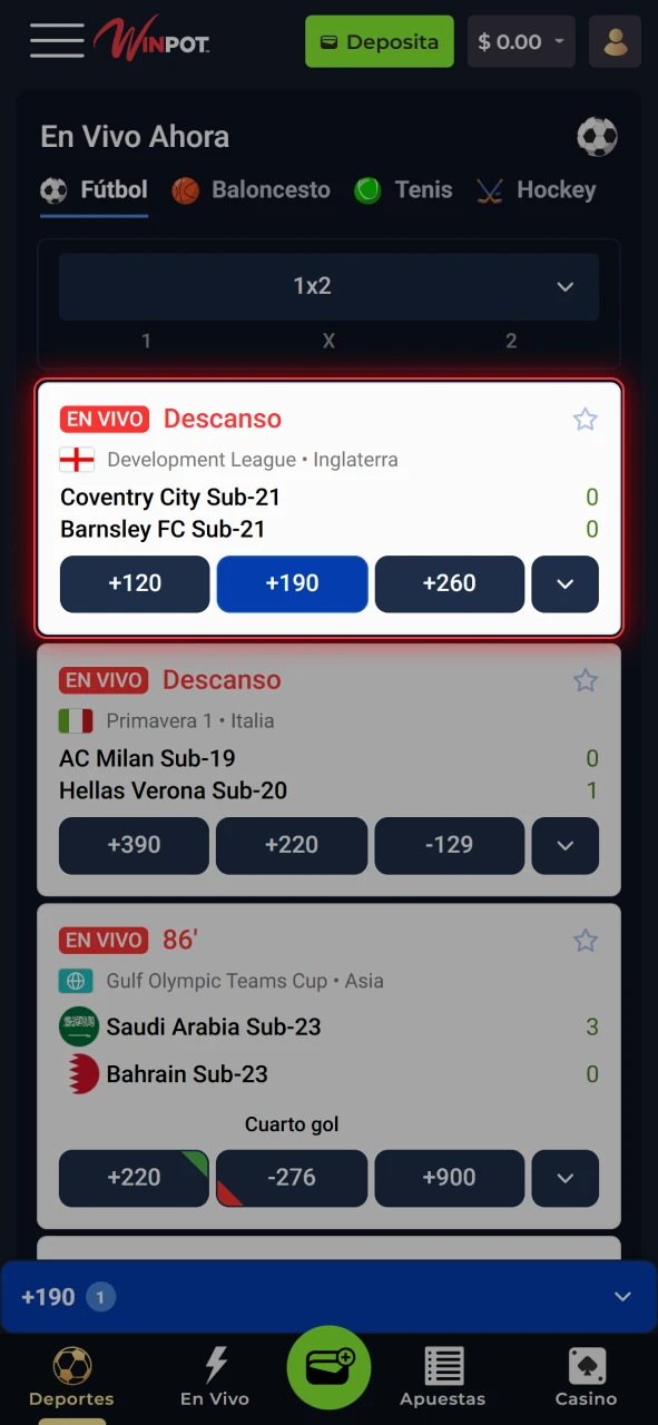 Selecciona tu deporte, partido y mercado en el sitio oficial de Winpot para comenzar a apostar.