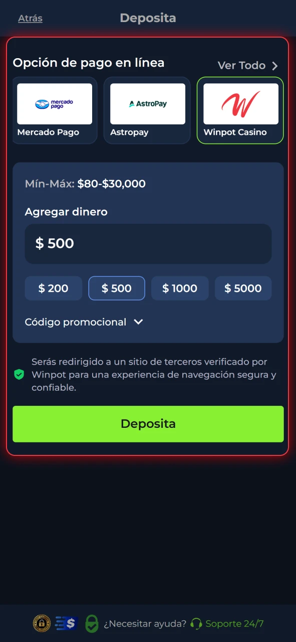Realiza tu depósito en MXN en el sitio oficial de Winpot con el método que prefieras.