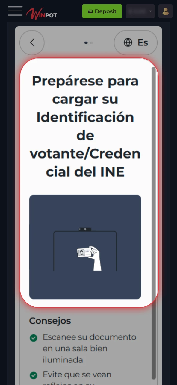 Sube tu identificación oficial para completar verificación segura en Winpot México.