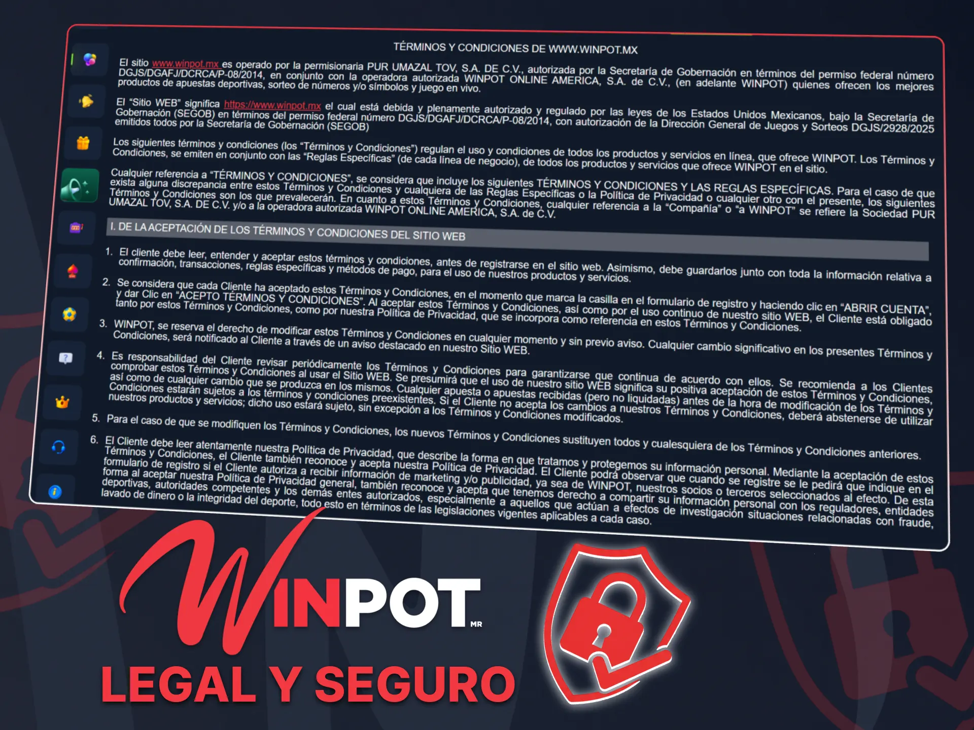 Winpot México opera legalmente con seguridad y protección de datos para jugadores.