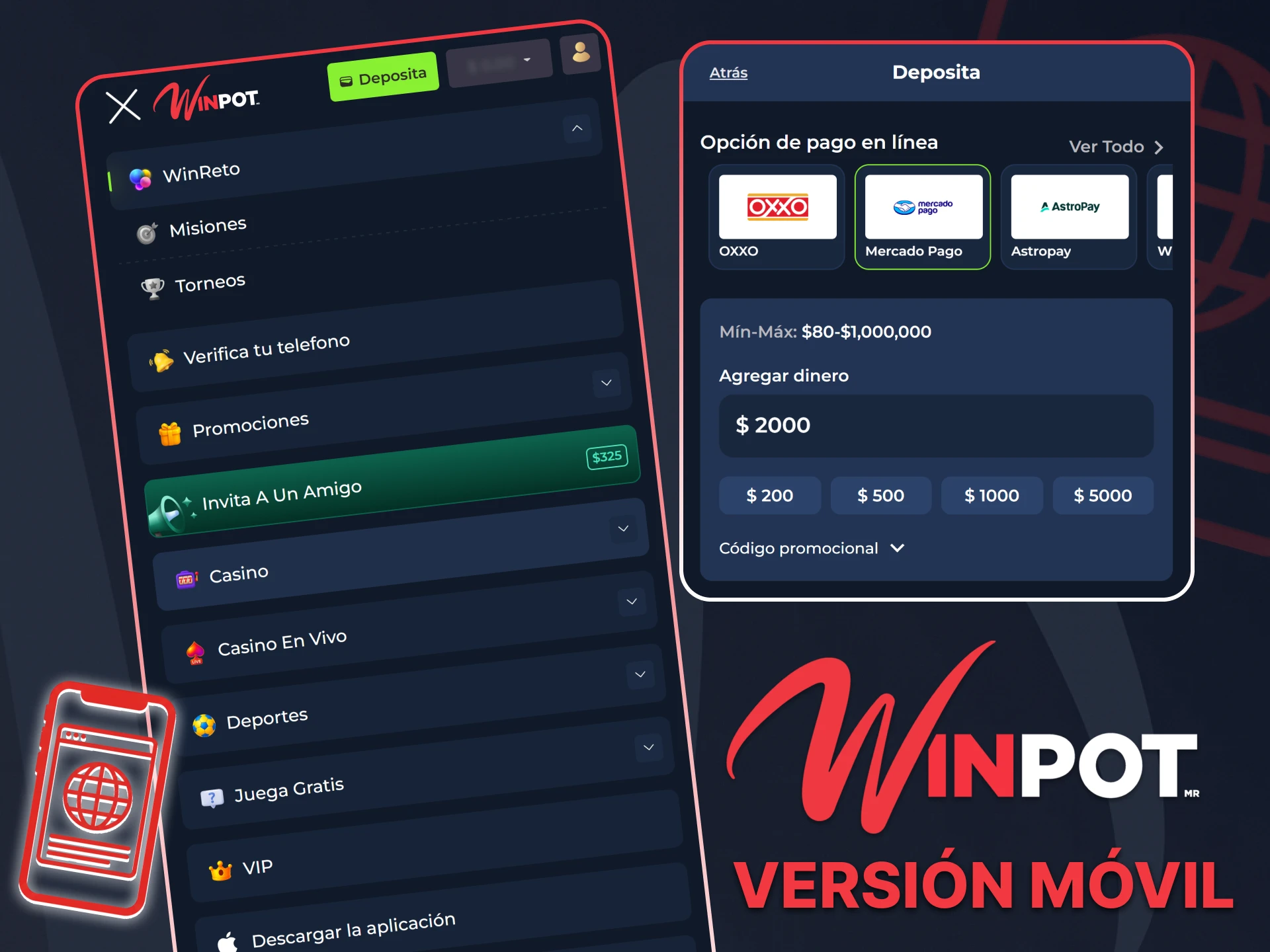 Accede a la versión móvil oficial de Winpot México con apuestas rápidas.