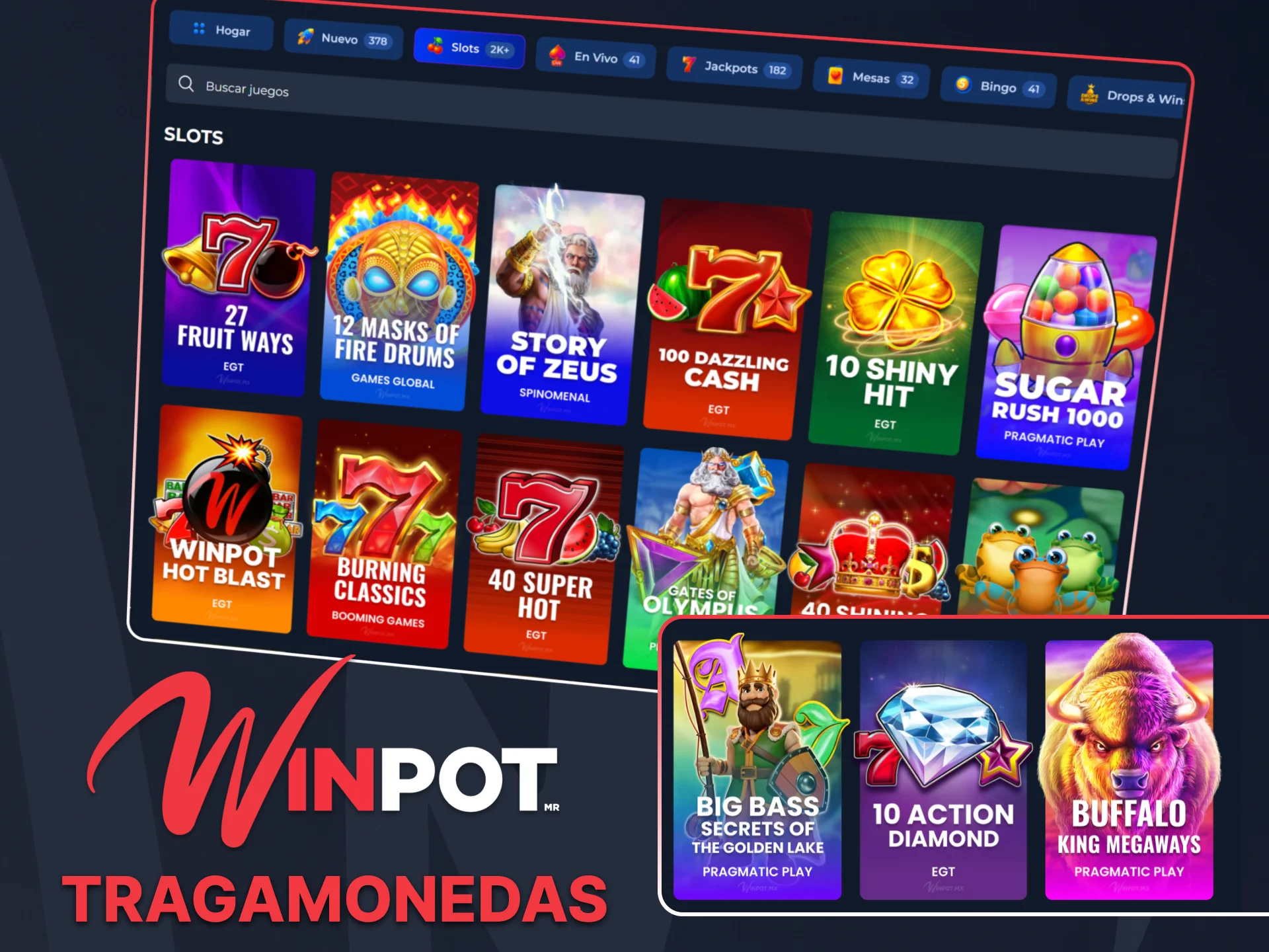 Explora tragamonedas populares con bonos, giros gratis y temáticas variadas en Winpot México.