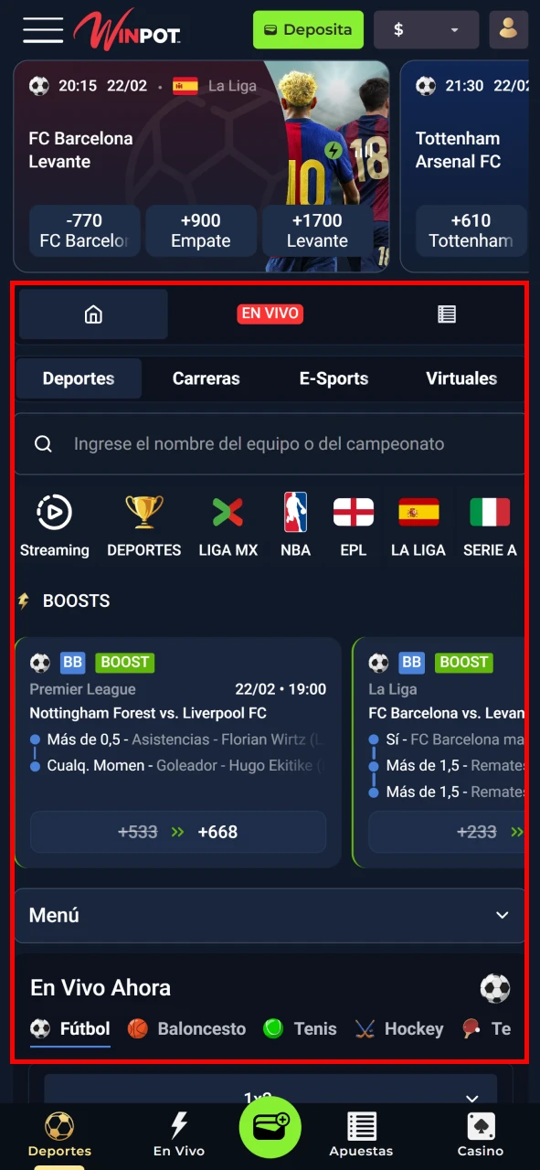 Vaya a la sección de deportes de Winpot y seleccione un partido.