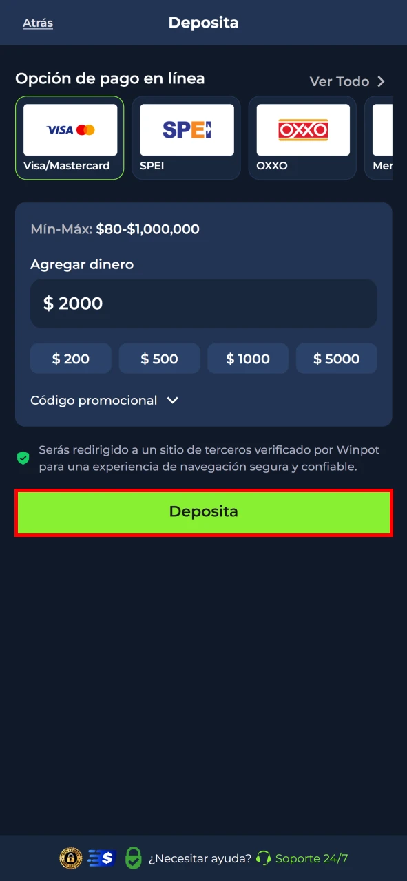 Recargue su depósito de Winpot para realizar una apuesta.