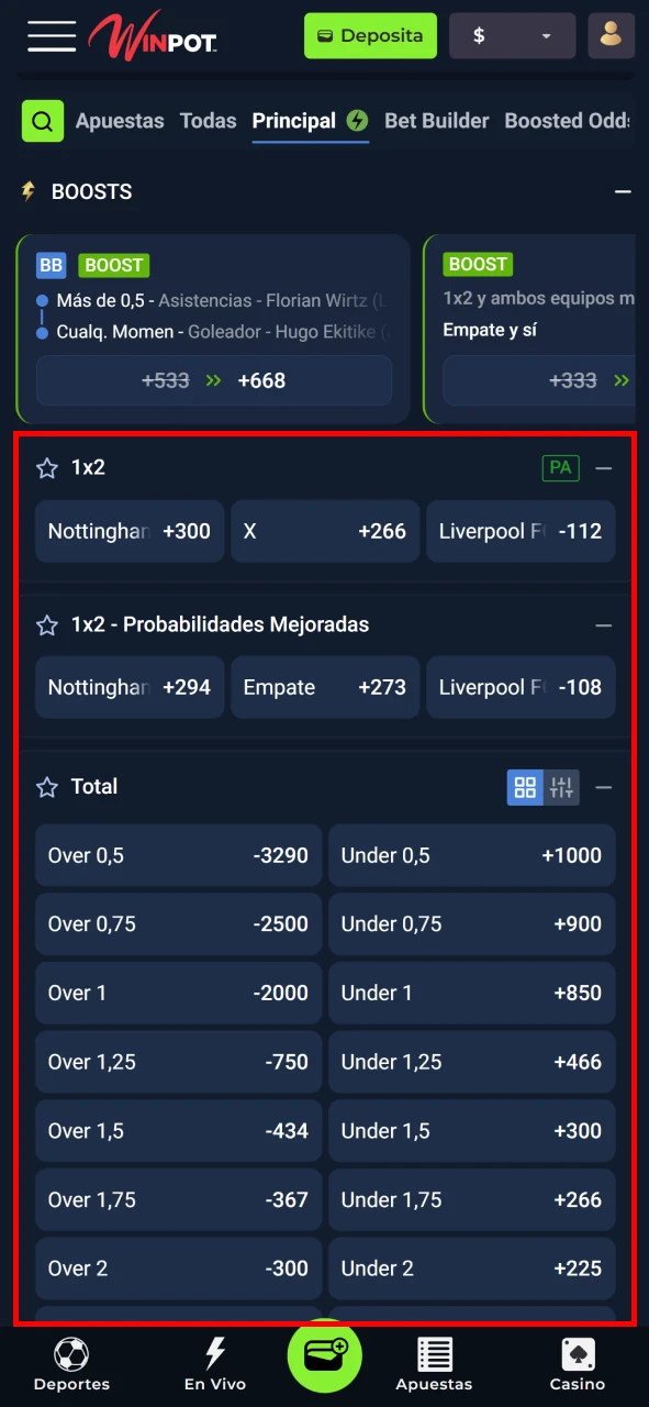 Selecciona el tipo de apuesta que deseas realizar en Winpot.
