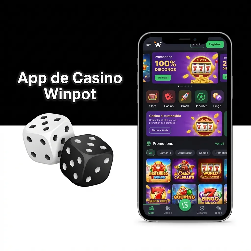 Interfaz de la app móvil Winpot Casino mostrando juegos en vivo, slots y opciones de apuestas deportivas integradas.