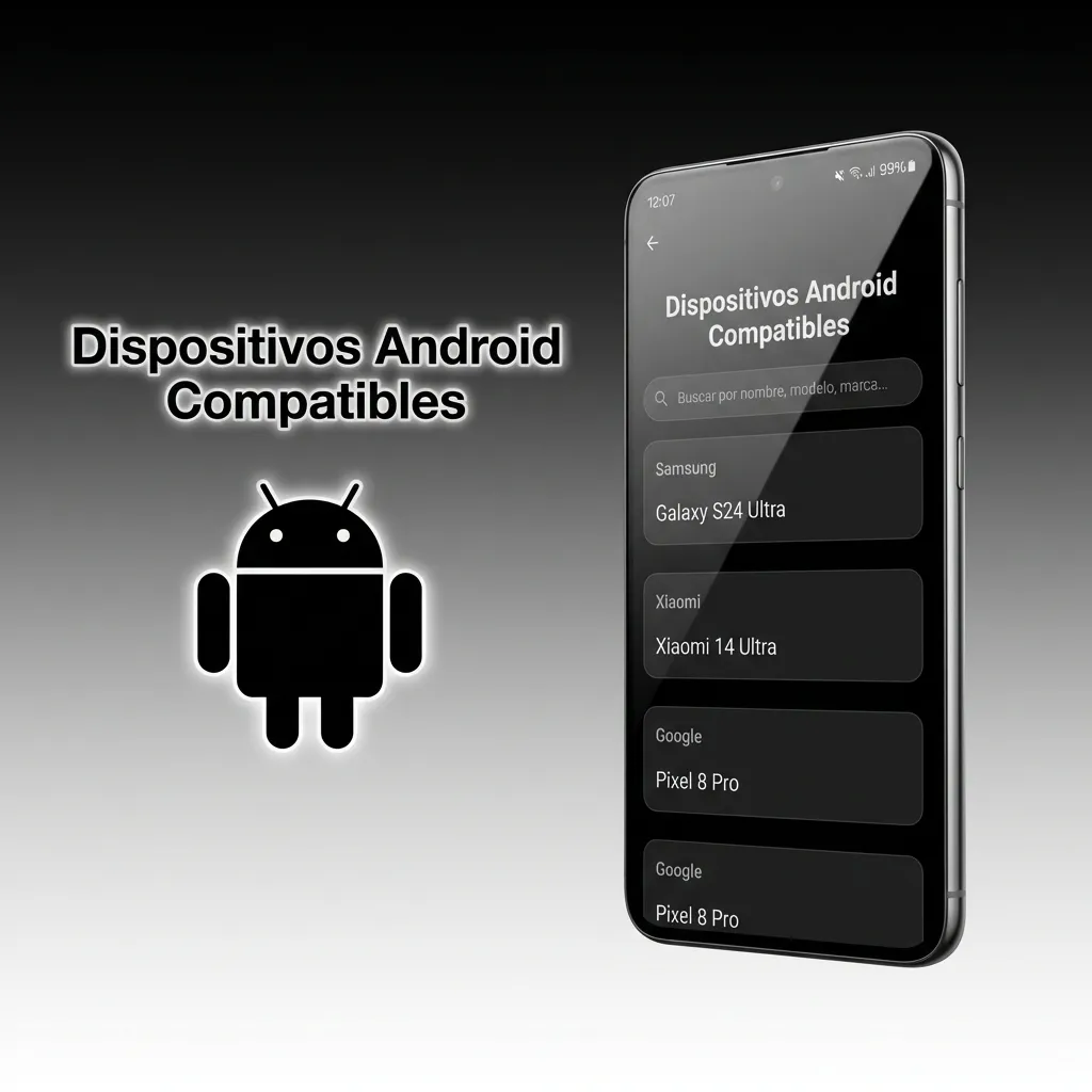 Lista de teléfonos Android compatibles incluyendo Samsung Galaxy, Xiaomi Redmi, Motorola Moto, Huawei, OPPO, Realme y OnePlus